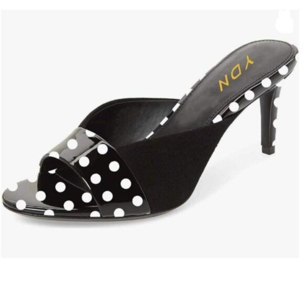 YDN Black Dots Trendy Peep Toe High Heel Slip on Mules Slide Slipper Shoes